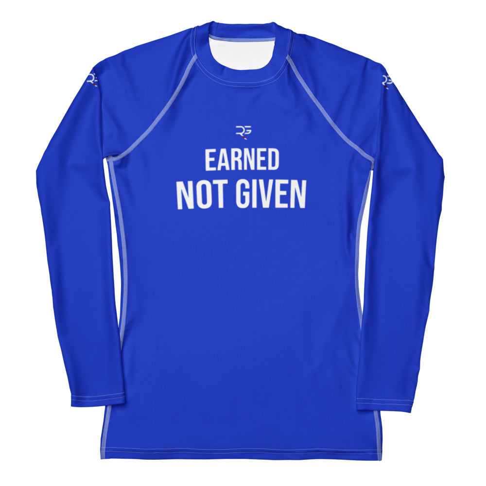 Roll Gear Excuses Don’t Burn Calories Women’s Long Sleeve Rash Guard – Blue, front view, all-over print.