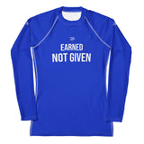 Roll Gear Excuses Don’t Burn Calories Women’s Long Sleeve Rash Guard – Blue, front view, all-over print.