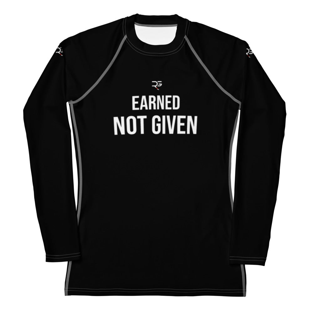 Roll Gear Women’s “Excuses Don’t Burn Calories” Black Long Sleeve Rash Guard, front view, all-over print.
