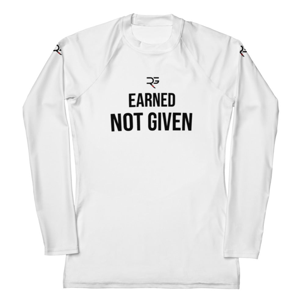 Roll Gear Excuses Don’t Burn Calories Long Sleeve Rash Guard – White – Women’s, front view, all-over print.