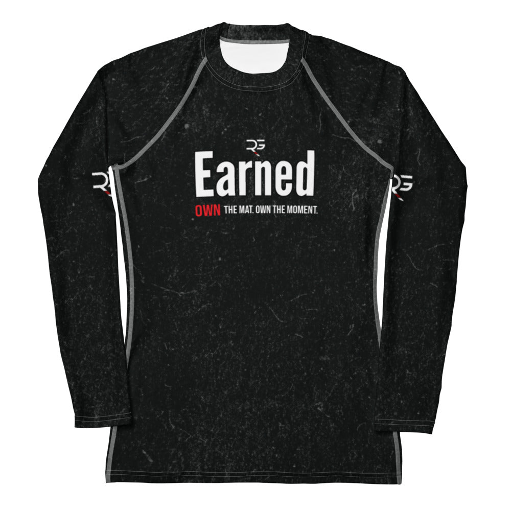 Roll Gear Earned Not Given Women’s Long Sleeve Rash Guard – Black, front view, all-over print.