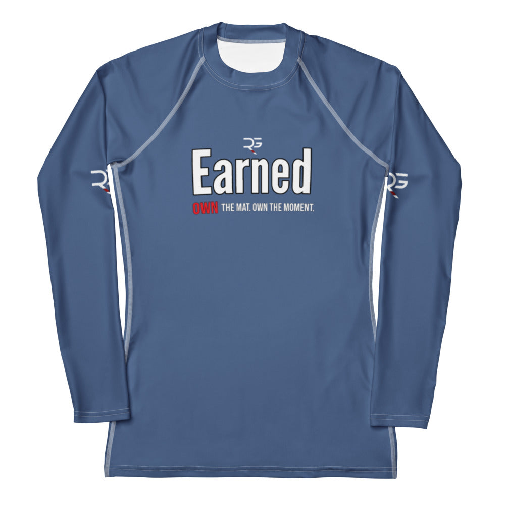 Roll Gear Earned Not Given Long Sleeve Rash Guard – Blue – Women’s, front view, all-over print.