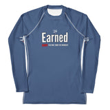 Roll Gear Earned Not Given Long Sleeve Rash Guard – Blue – Women’s, front view, all-over print.