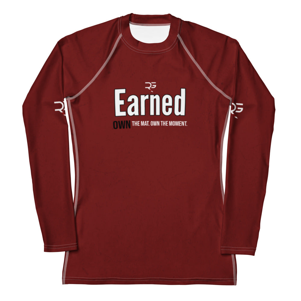 Roll Gear Earned Not Given Long Sleeve Rash Guard – Deep Red – Women’s, front view, all-over print.
