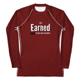 Roll Gear Earned Not Given Long Sleeve Rash Guard – Deep Red – Women’s, front view, all-over print.