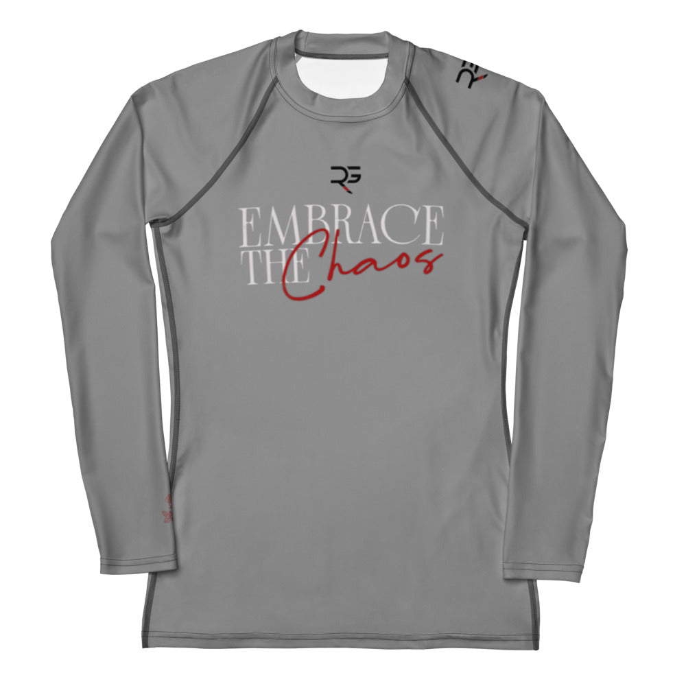 Gray long-sleeve shirt with 'Embrace the Chaos' text on a white background