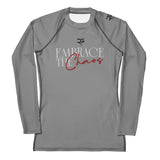 Gray long-sleeve shirt with 'Embrace the Chaos' text on a white background