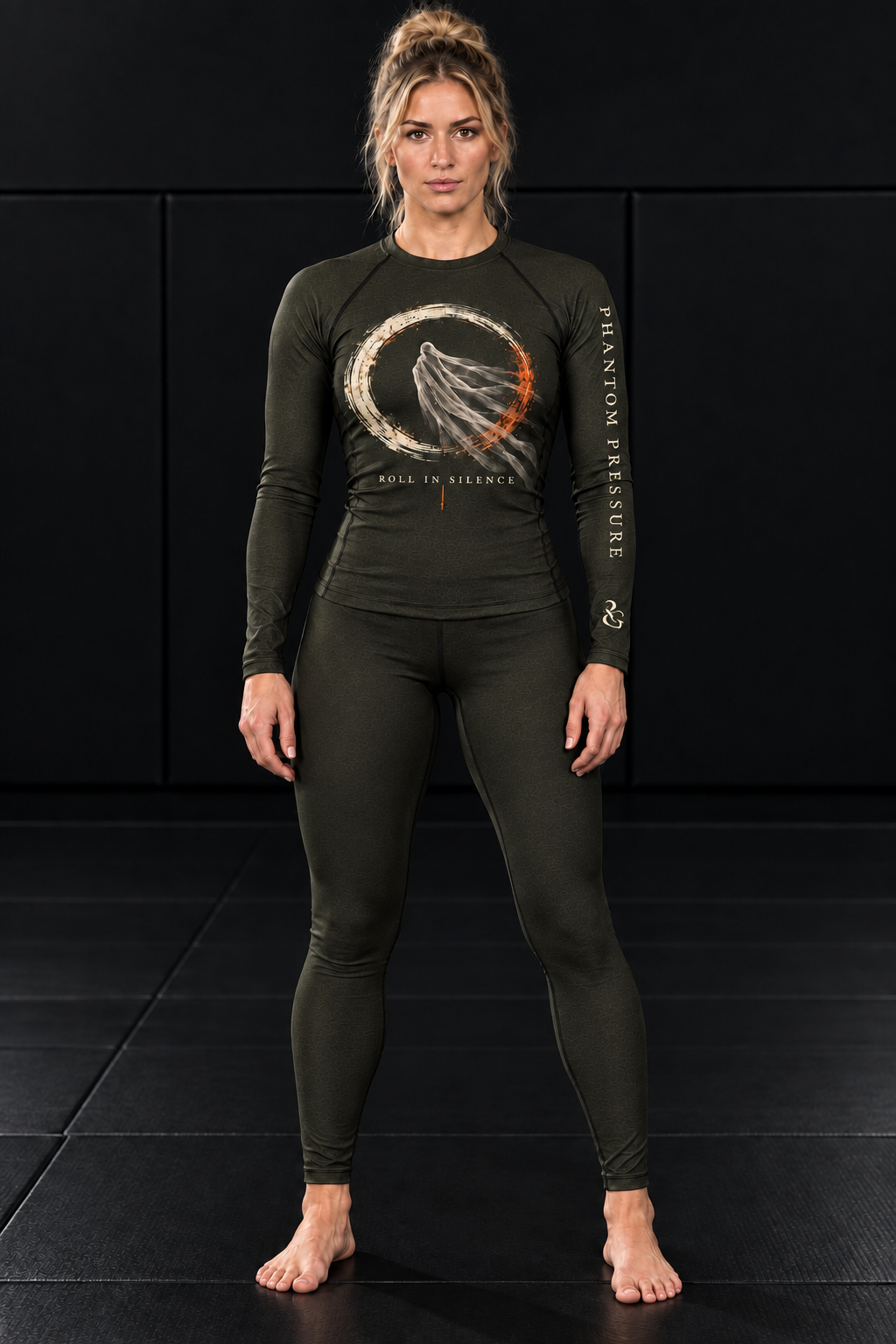 Roll Gear Phantom Pressure Long Sleeve Rash Guard – Olive – Women's, front view, ghost-and-ring print.
