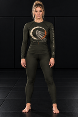 Roll Gear Phantom Pressure Long Sleeve Rash Guard – Olive – Women's, front view, ghost-and-ring print.