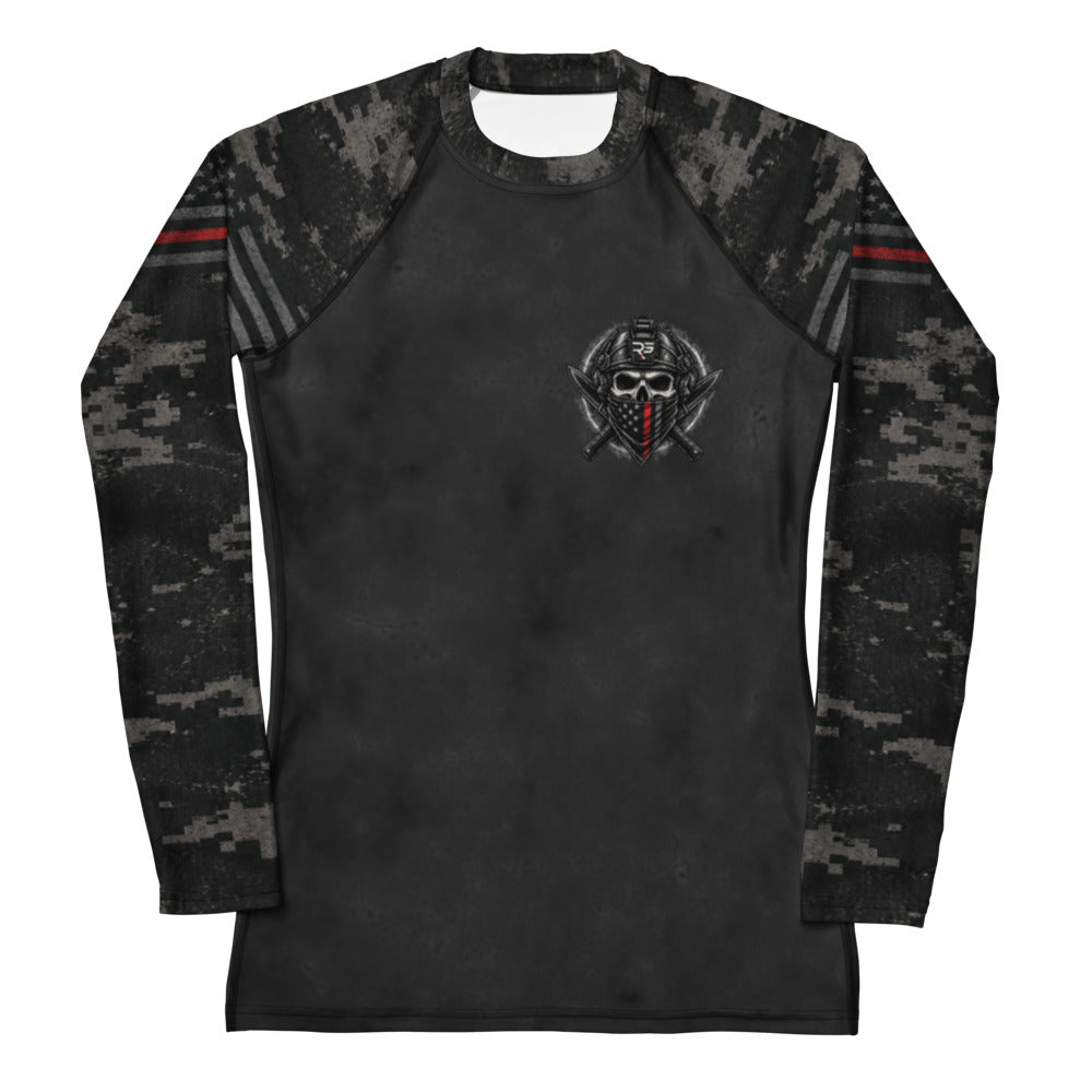 Roll Gear Women's Special Forces Edition Rash Guard, front view, digital camo with thin red line.