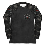 Roll Gear Women's Special Forces Edition Rash Guard, front view, digital camo with thin red line.