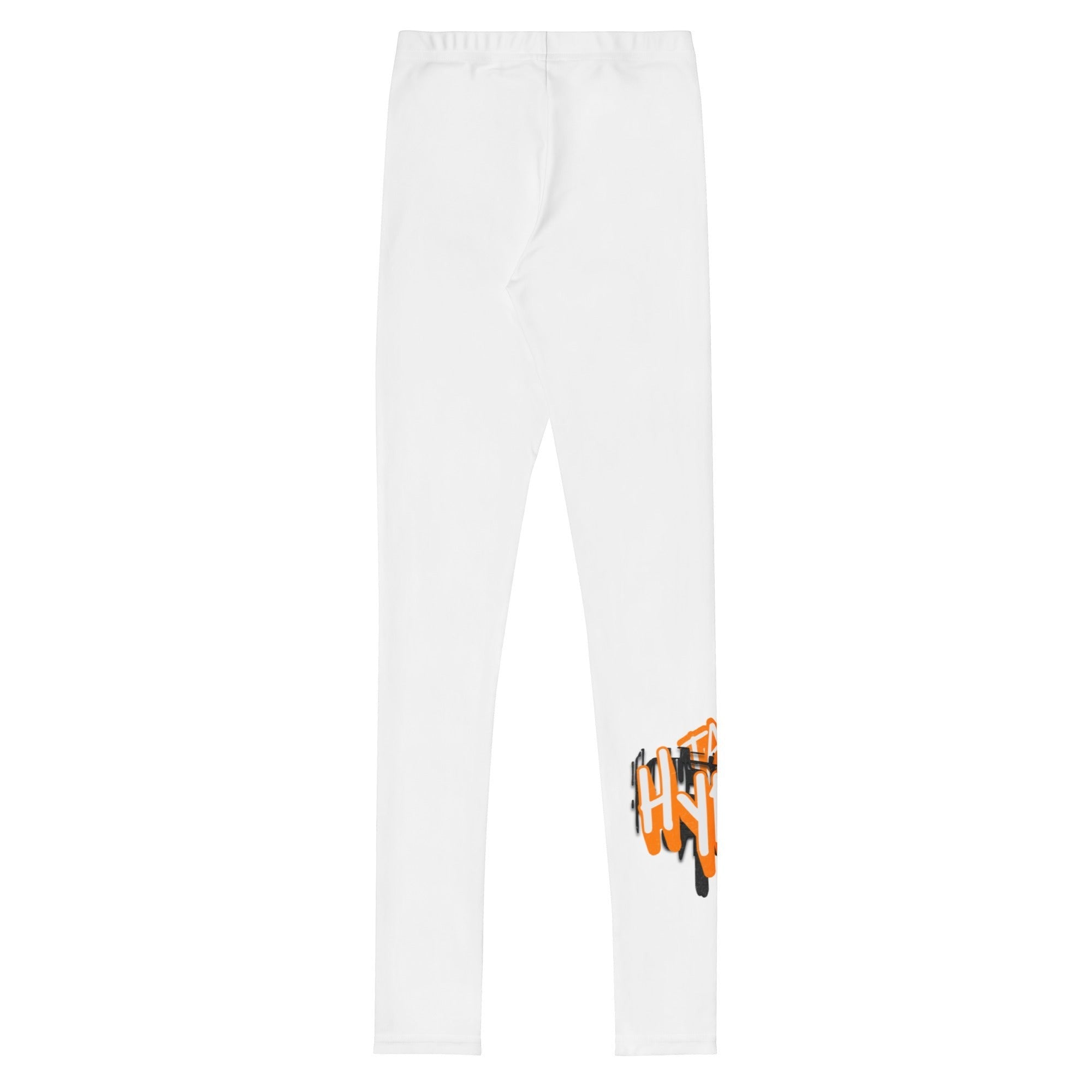 Roll Gear Tap Hype Youth BJJ Spats – Orange & White, flat side view, Tap Hype leg graphic.