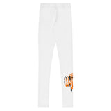 Roll Gear Tap Hype Youth BJJ Spats – Orange & White, flat side view, Tap Hype leg graphic.