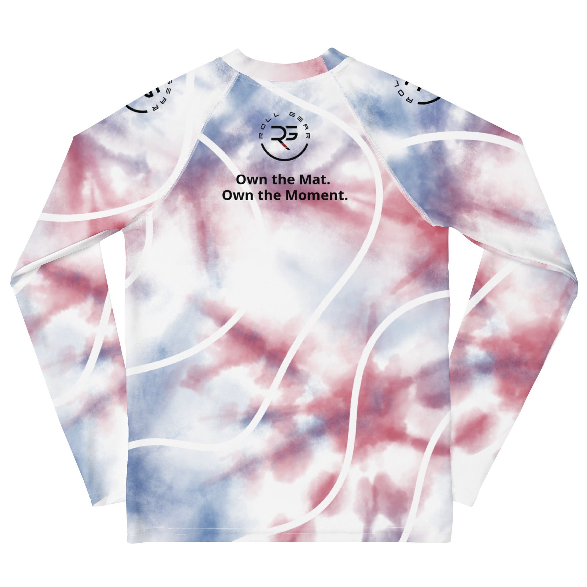 Roll Gear Youth Red White Blue Tie-Dye Rash Guard - Long Sleeve BJJ, back view, all-over print.