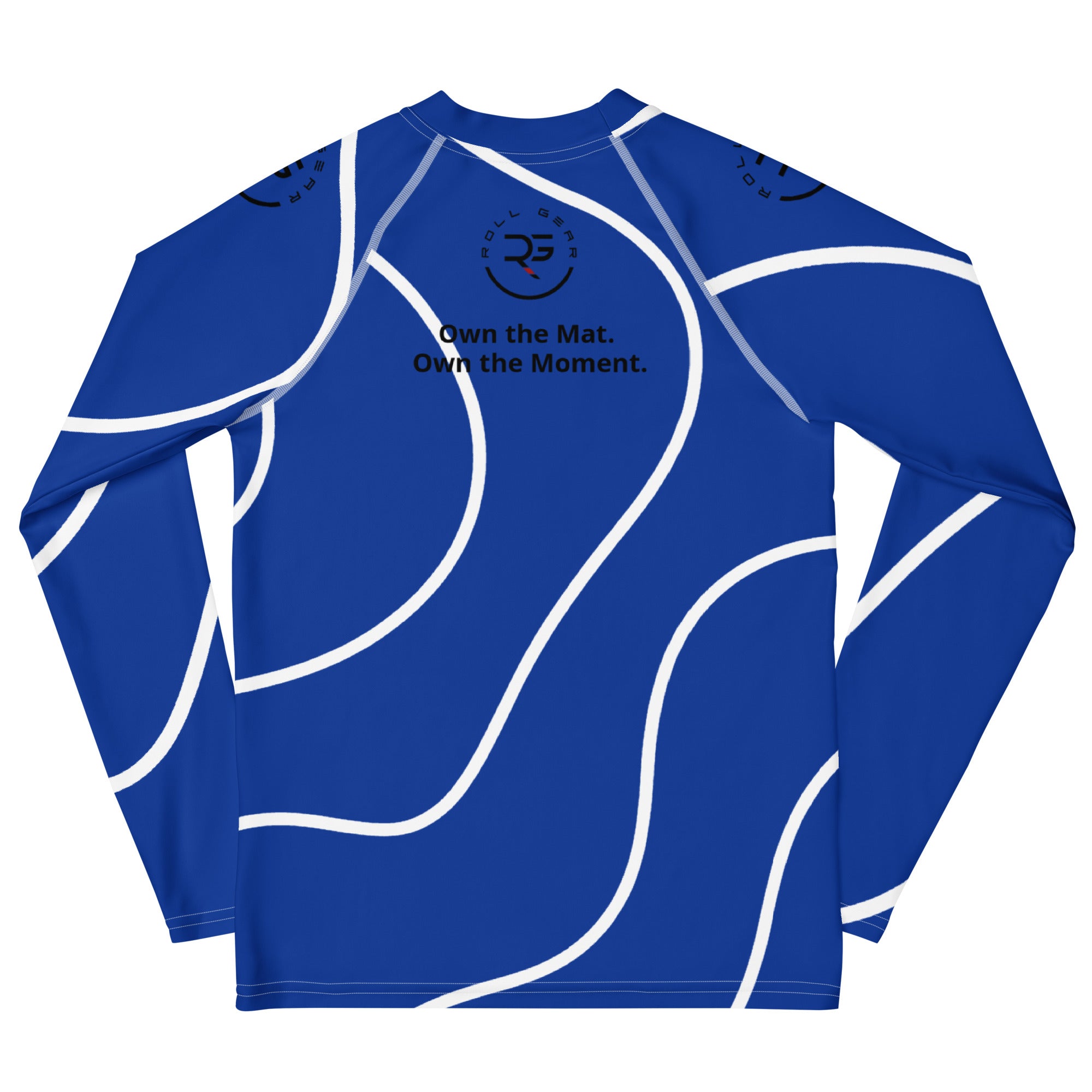 Roll Gear Blue Long Sleeve Rash Guard with White Lines – Performance & Protection, back view, all-over print.