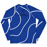 Roll Gear Blue Long Sleeve Rash Guard with White Lines, back view.