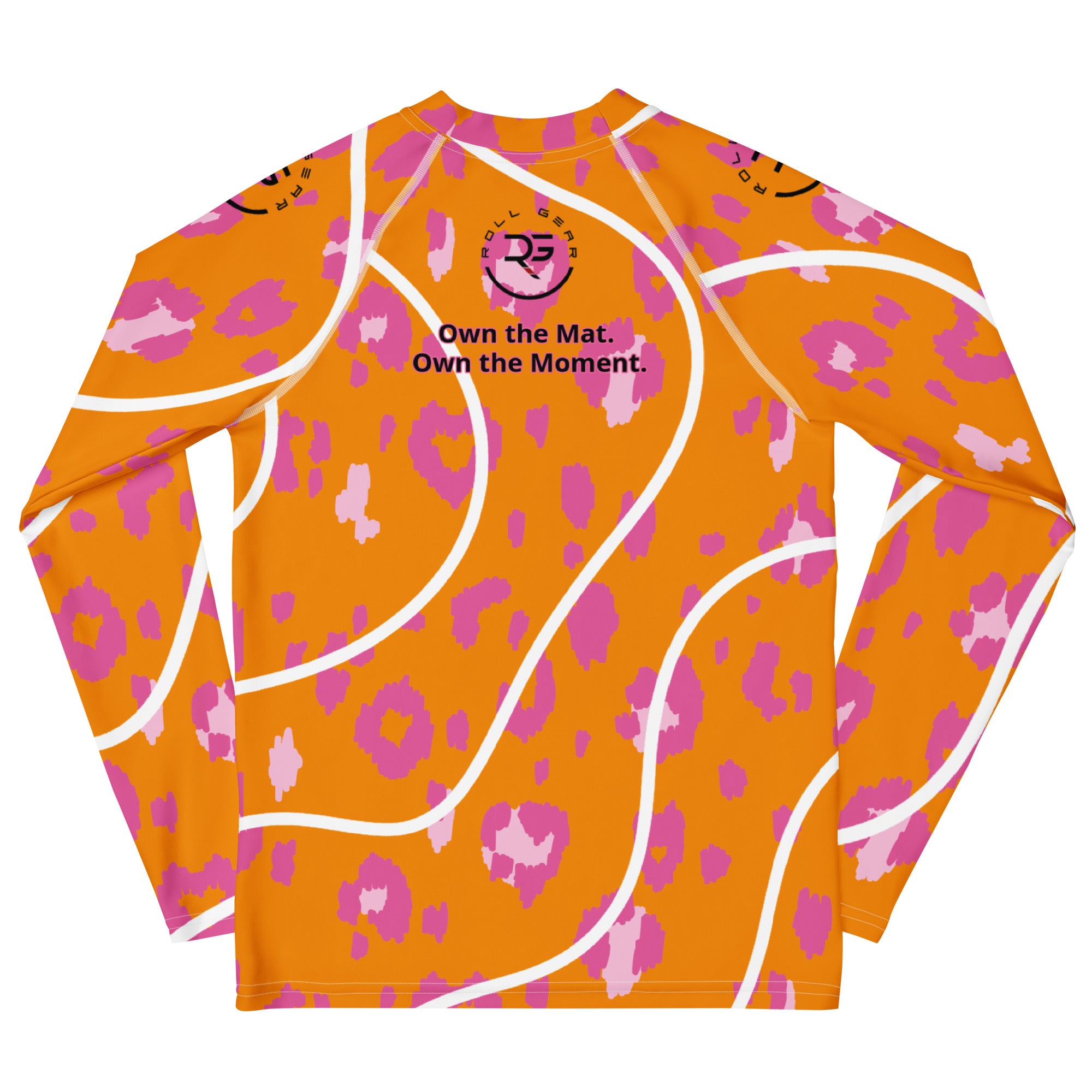 Roll Gear Youth Orange & Purple with White Lines Rash Guard – Long Sleeve, back view, all-over print.