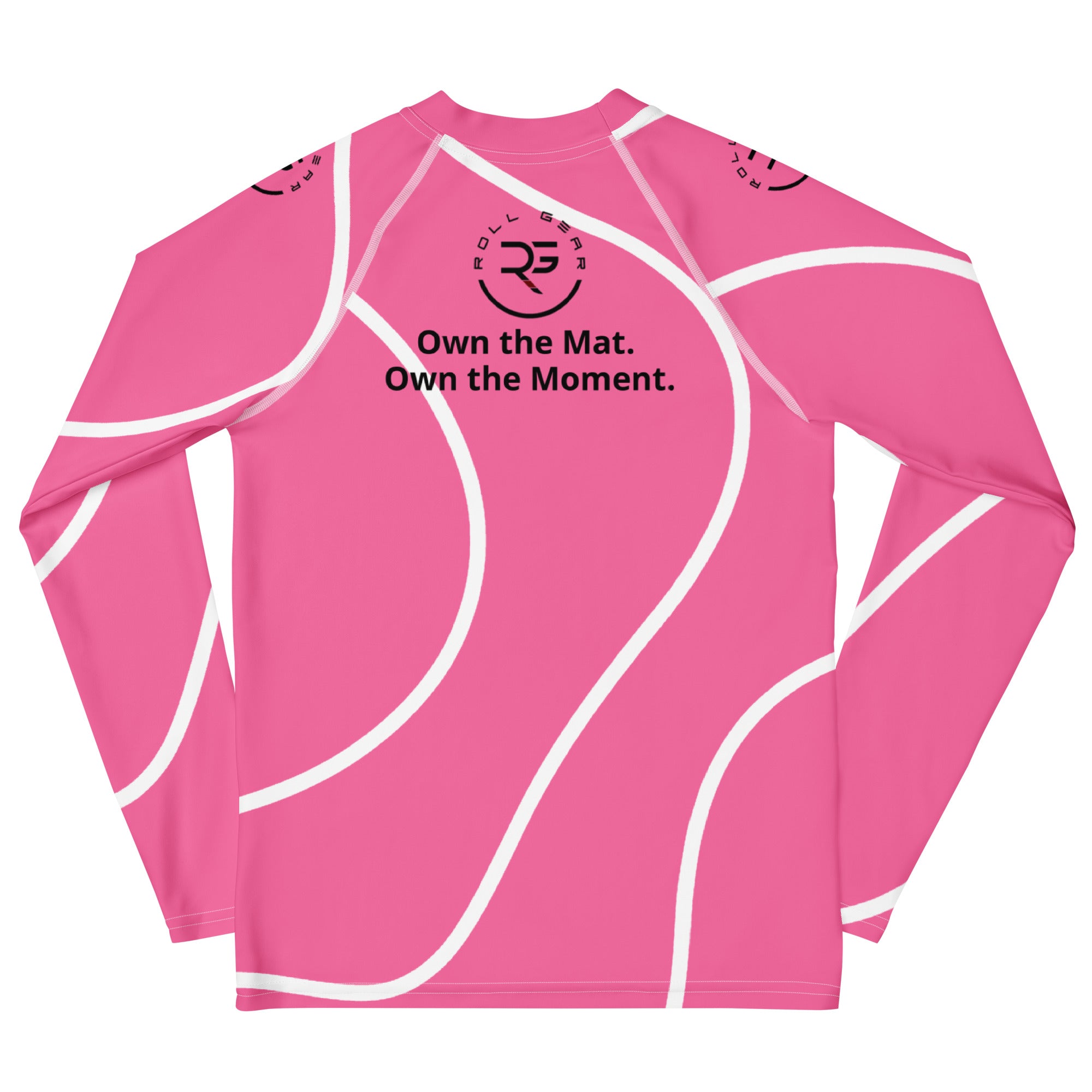 Roll Gear Kids Pink Long Sleeve Rash Guard – back view. Performance fabric for youth BJJ, grappling, and swim.