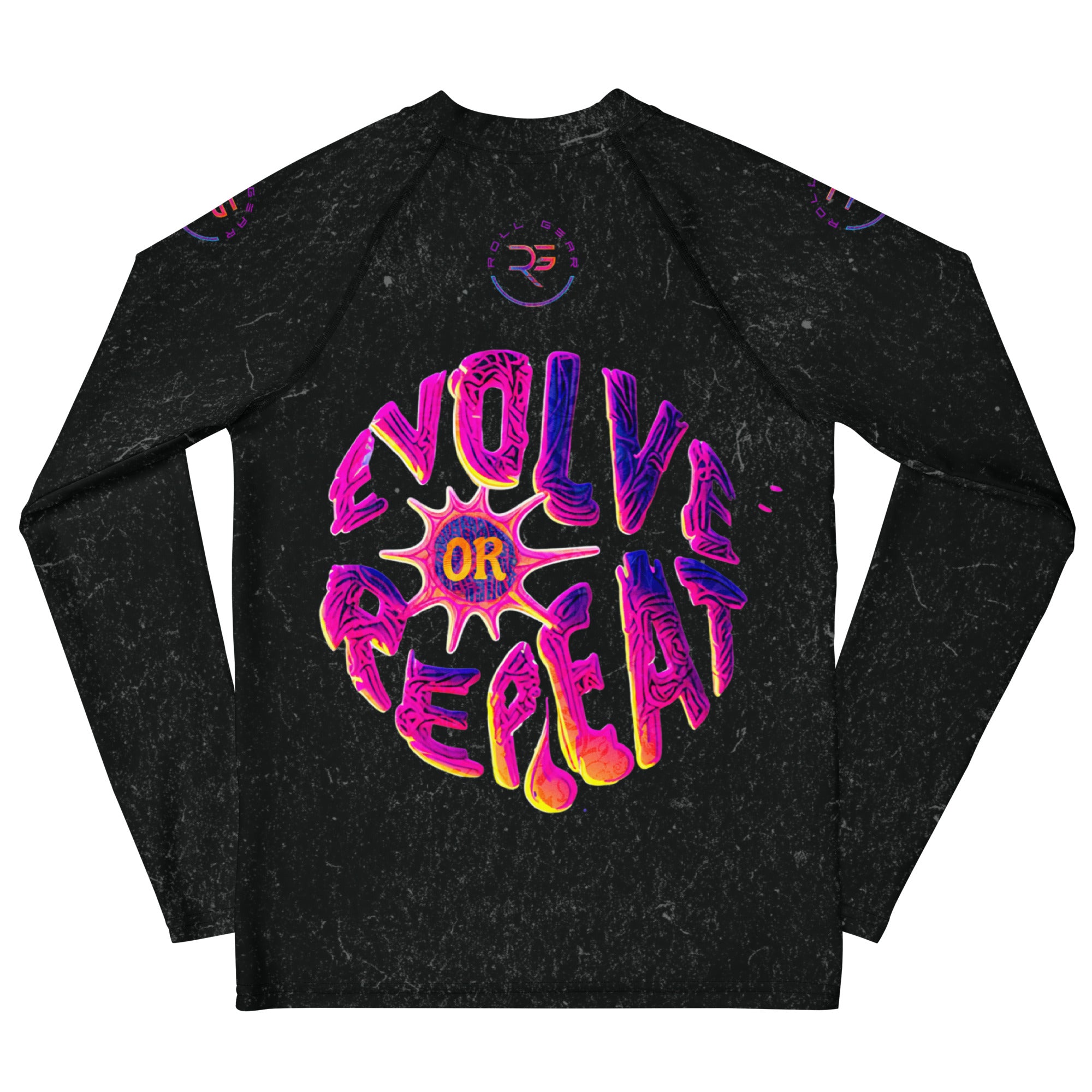 Roll Gear Evolve or Repeat Youth Girls Rash Guard - Black, back view.