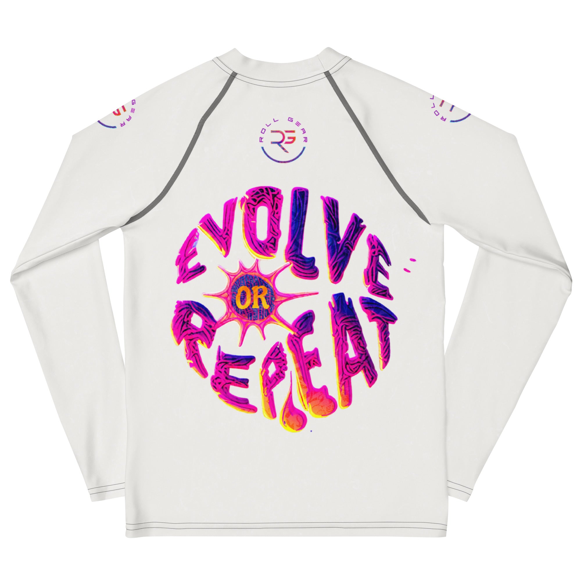 Roll Gear Evolve or Repeat Youth Girls Rash Guard - White, back view.