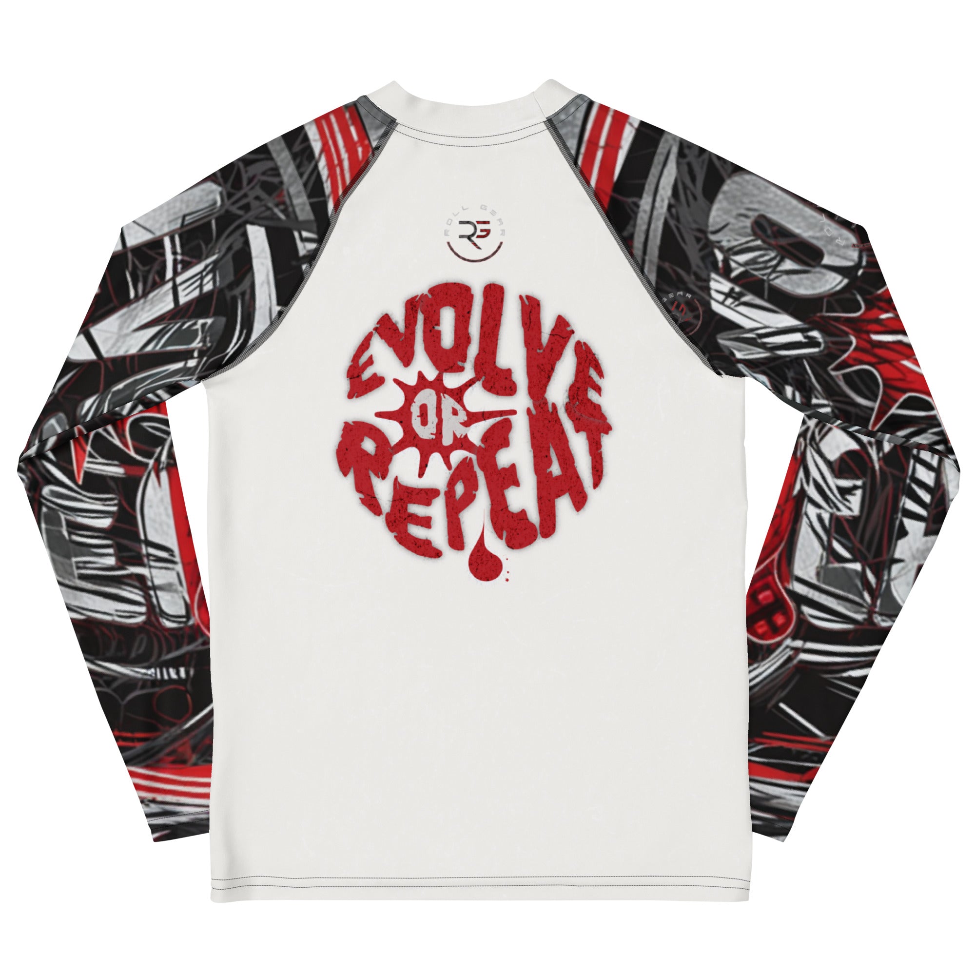 Roll Gear Evolve or Repeat Youth Boys Rash Guard – White & Red, back view, all-over print.
