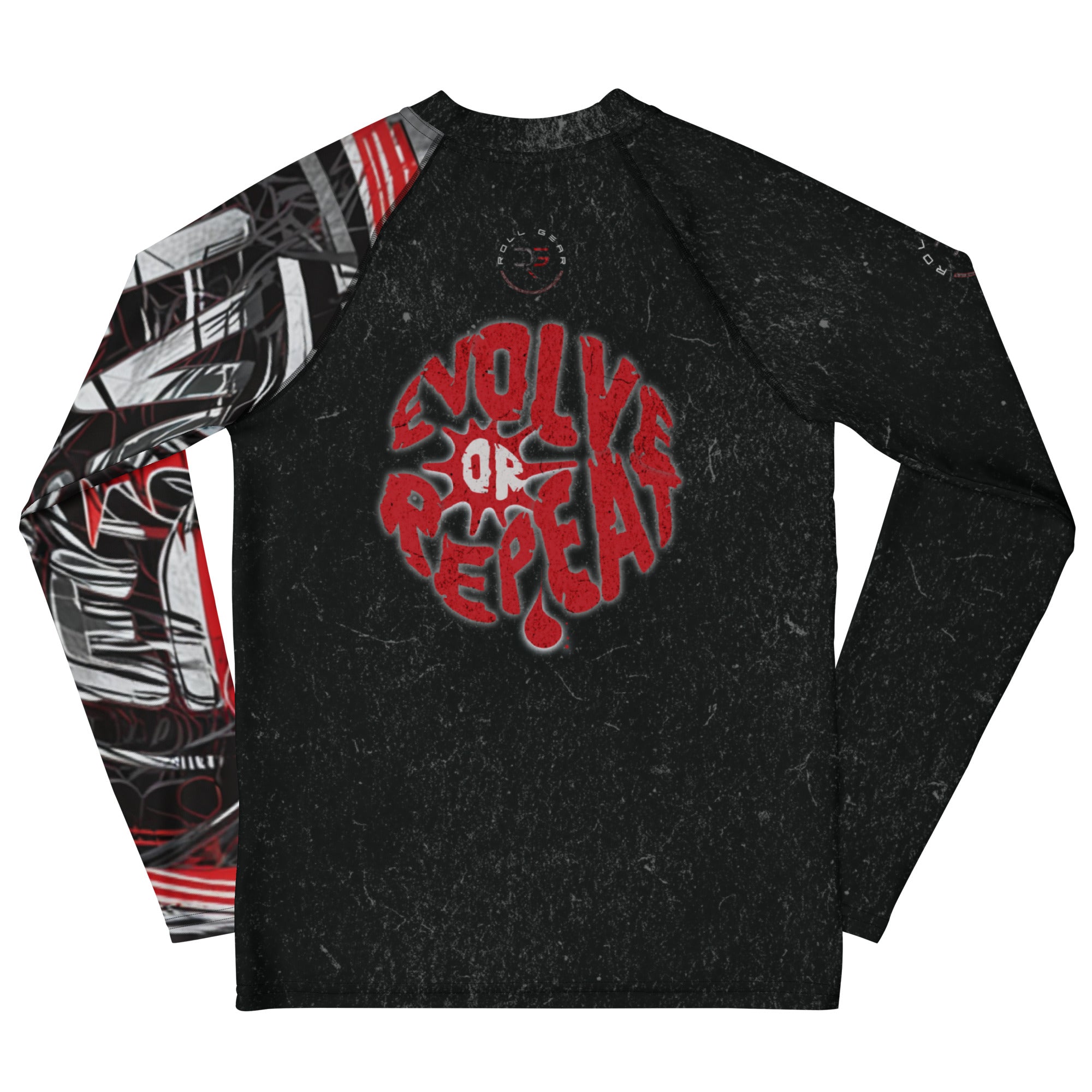 Roll Gear Evolve or Repeat Youth Boys Rash Guard – Black & Red, back view, all-over print.