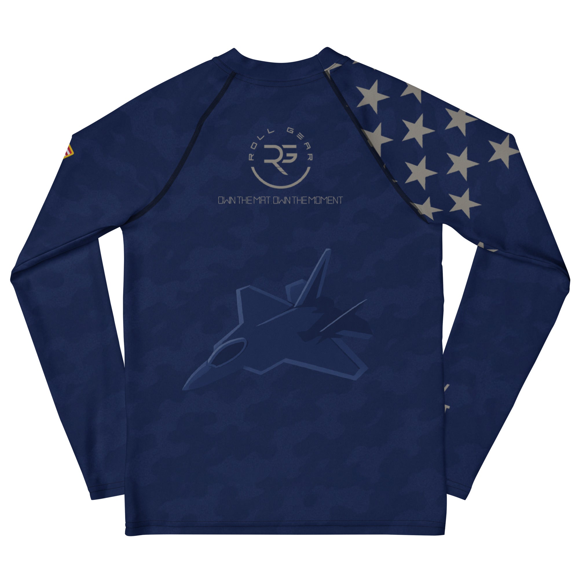 Roll Gear Youth Air Force Long Sleeve Rash Guard, back view.
