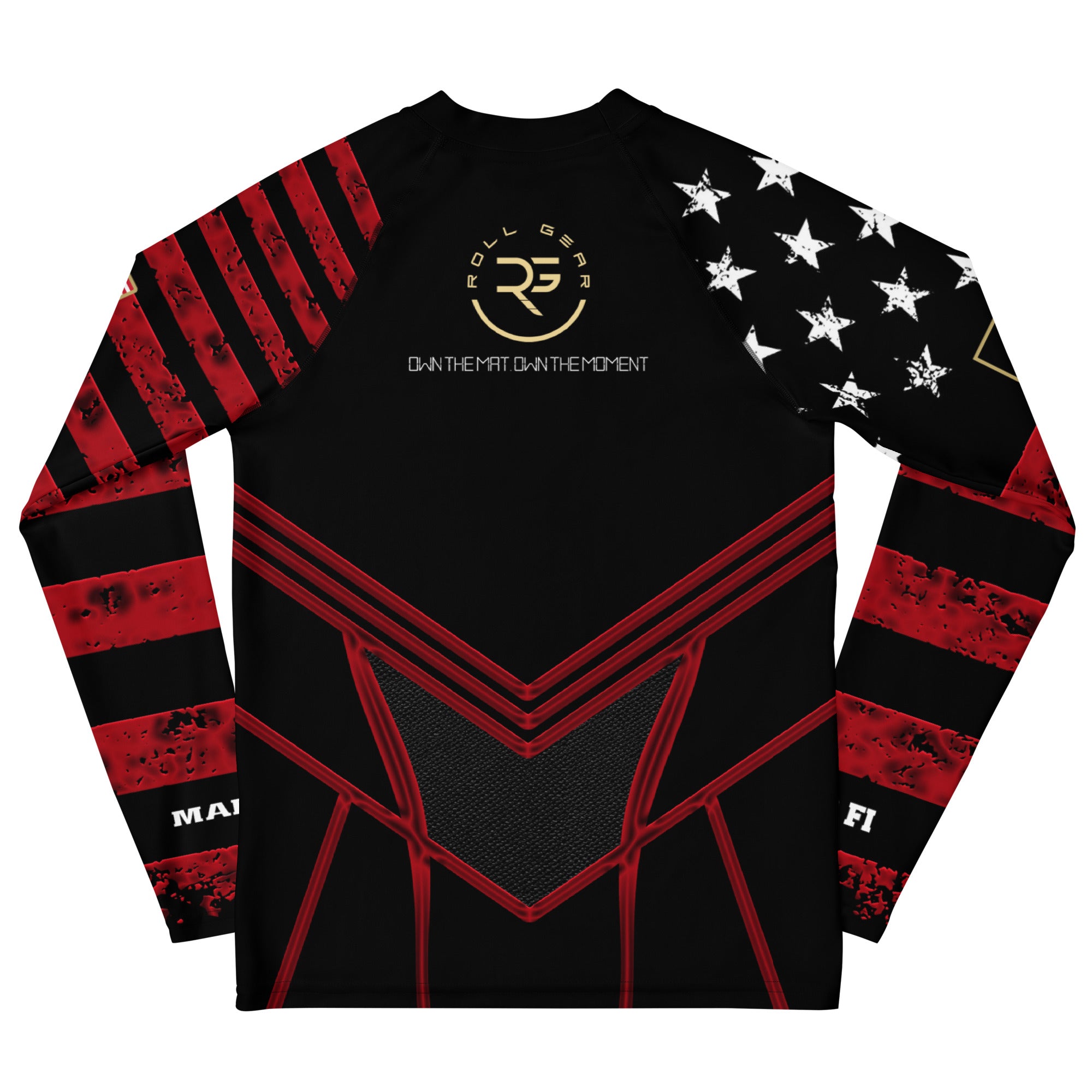 Roll Gear Youth Marines "Dress Blues" Long Sleeve Rash Guard – back view showing red, white & gold design details.