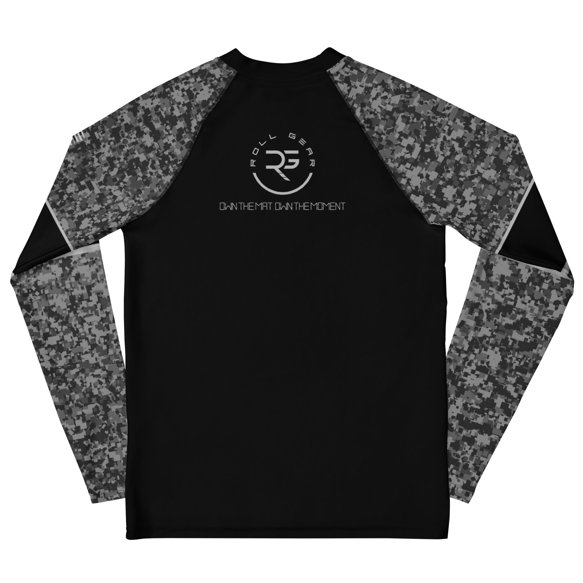 Roll Gear Youth SWAT Edition Short Sleeve Rash Guard – Black & Urban Camo, back view, all-over print.