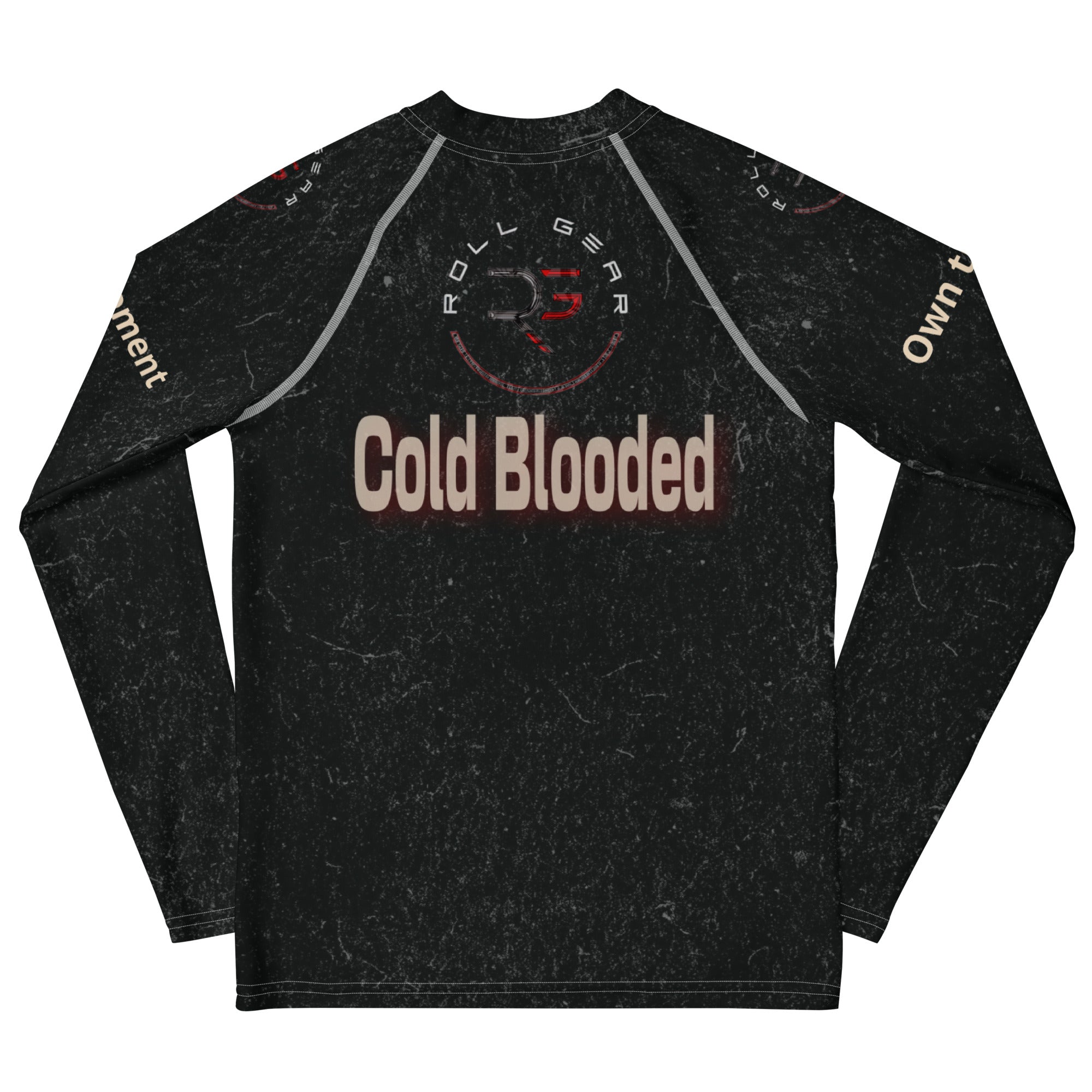 Roll Gear Cold Blooded Rash Guard – Black Venom Athlete Edition – Youth Long Sleeve, back view, all-over print.
