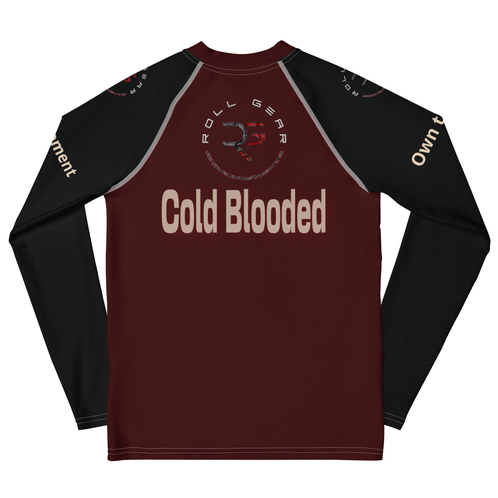 Roll Gear Cold Blooded Rash Guard – Maroon Venom Athlete Edition – Youth Long Sleeve, back view, all-over print.