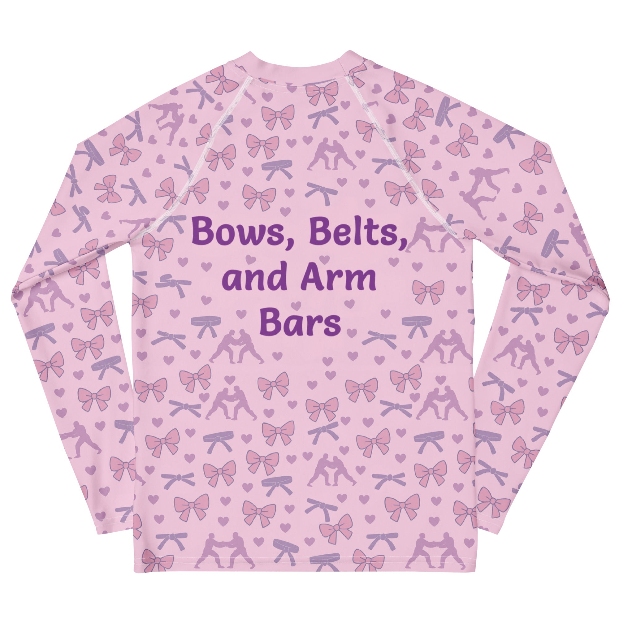 Roll Gear Girls Bow Rash Guard – Pink – Youth, back view, all-over print.