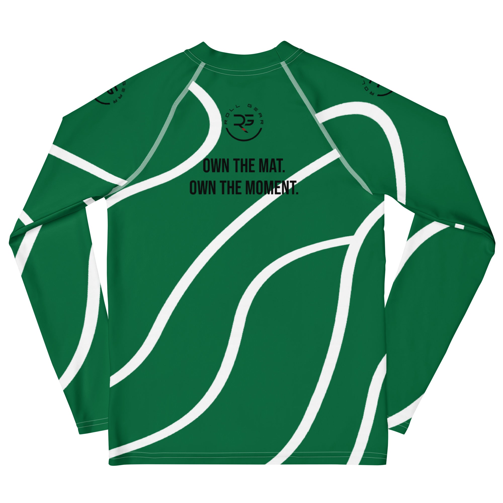 Roll Gear Green Swirl Rash Guard – Green/White – Youth, back view, all-over print.