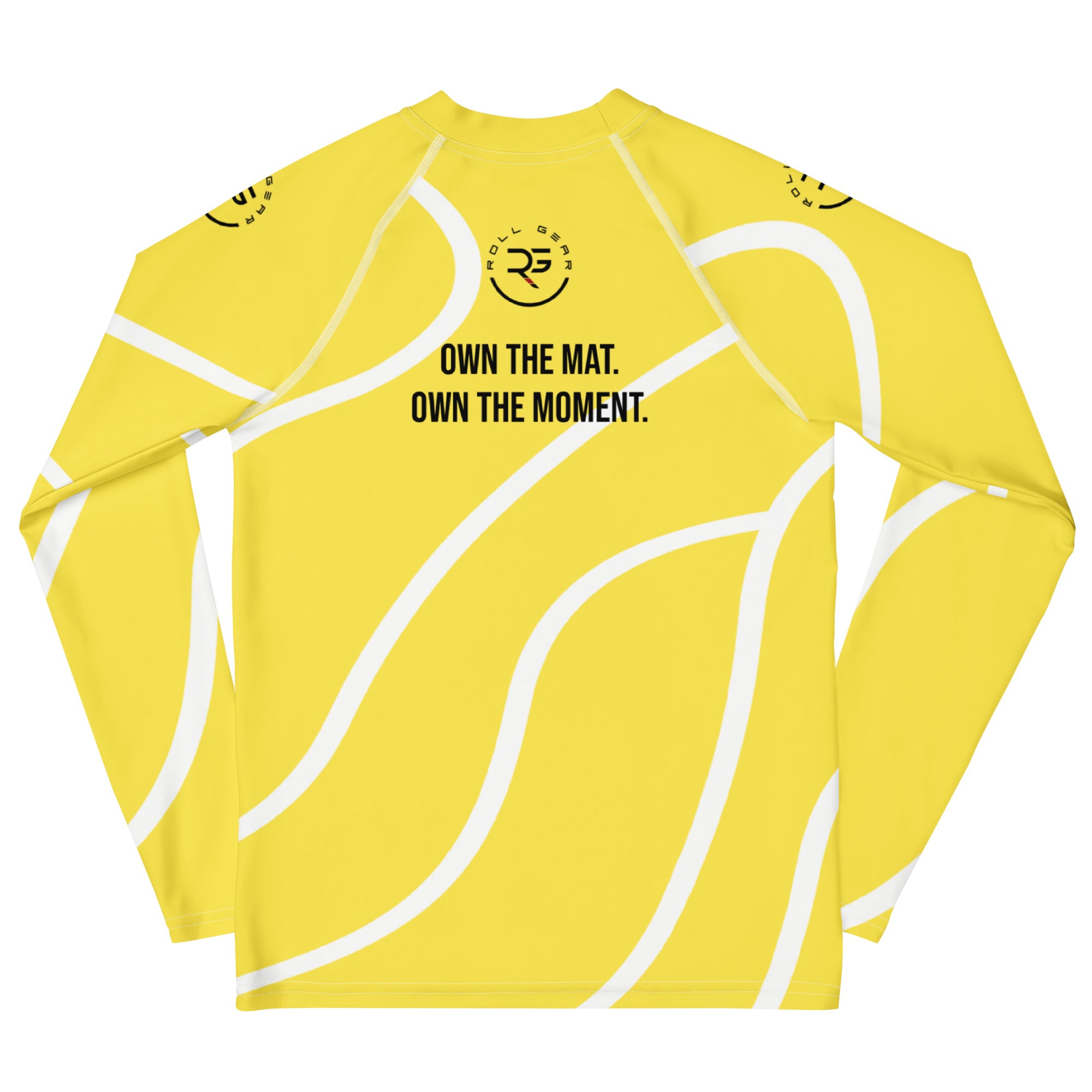 Roll Gear Yellow Swirl Long Sleeve Rash Guard – Yellow/White – Youth, back view, all-over print.