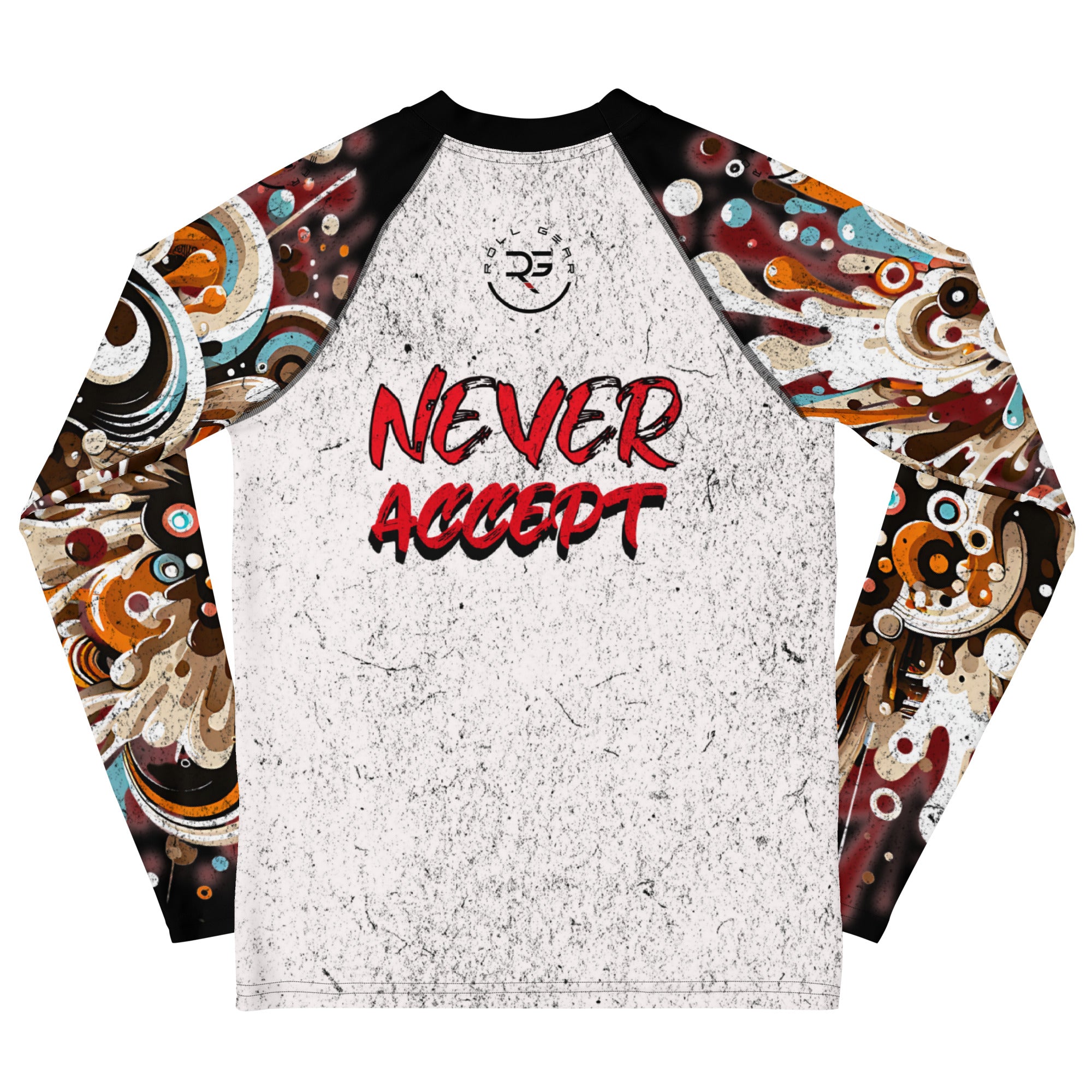 Roll Gear Never Accept Rash Guard – Black – Youth, back view, all-over print.