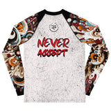 Roll Gear Never Accept Rash Guard - Black - Youth, back view.