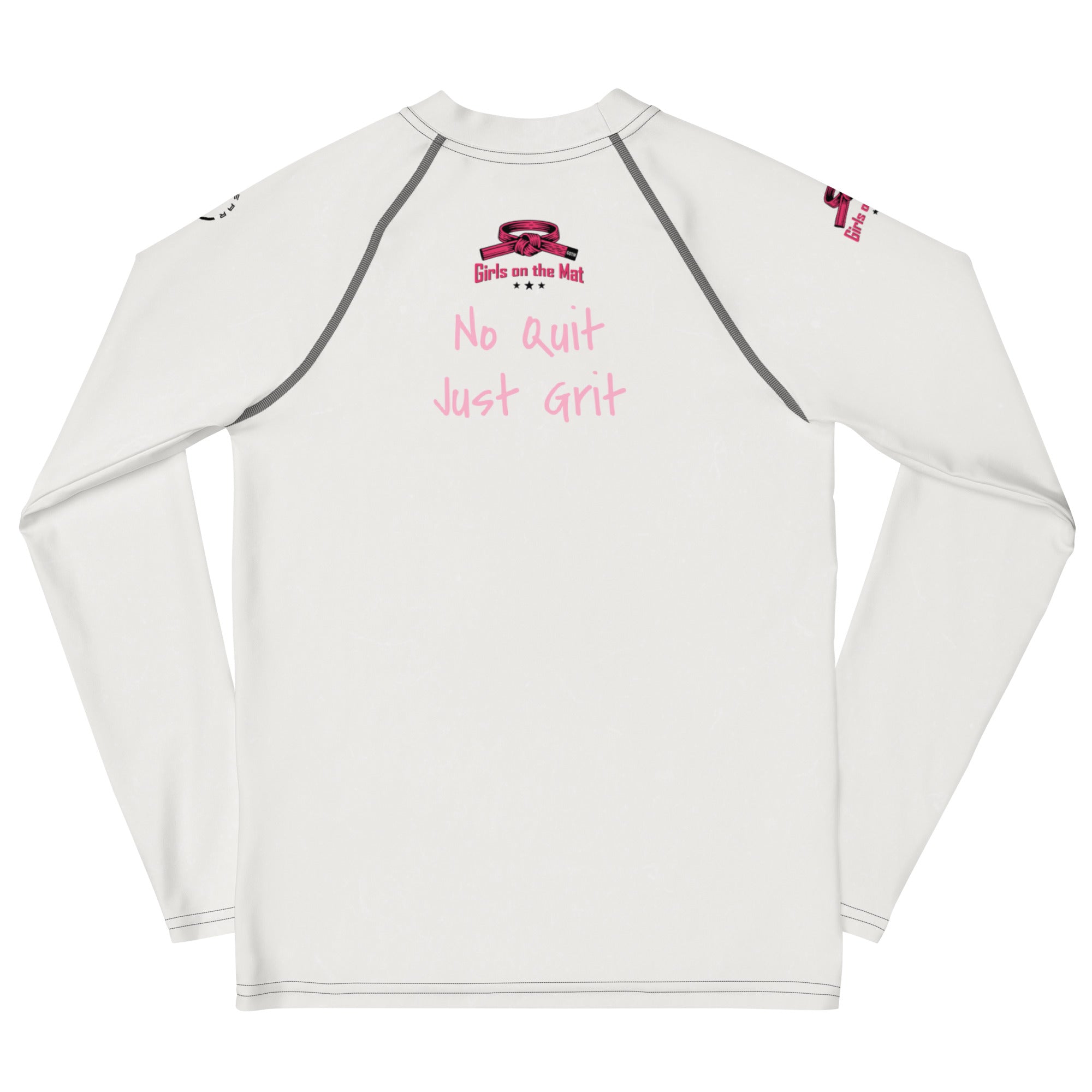 Roll Gear Tap Hype Girls on the Mat Rash Guard – Light Pink/White – Youth Long Sleeve, back view, all-over print.