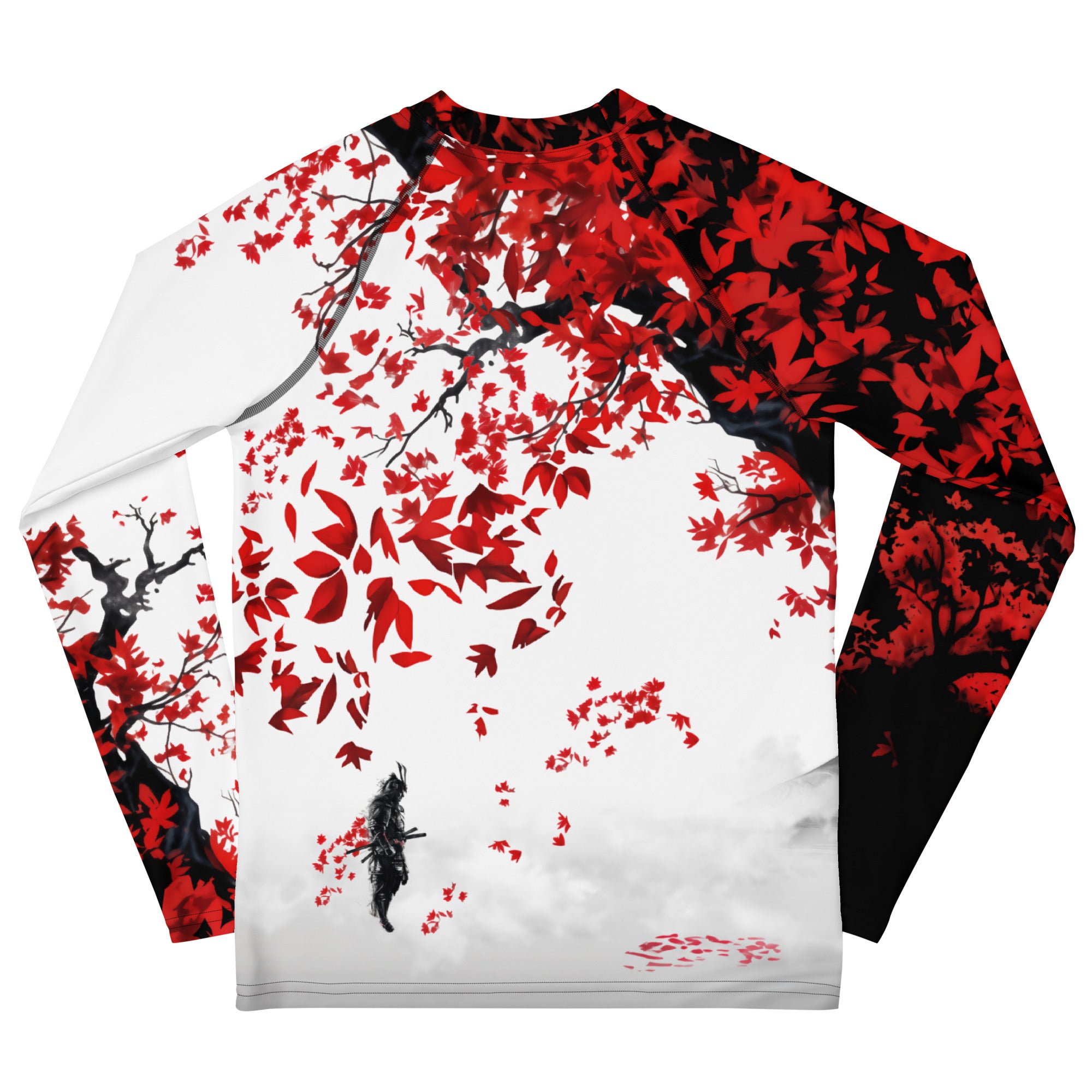 Roll Gear Shadow Dragon Warrior Rash Guard – White & Crimson – Youth Long Sleeve, back view, all-over print.