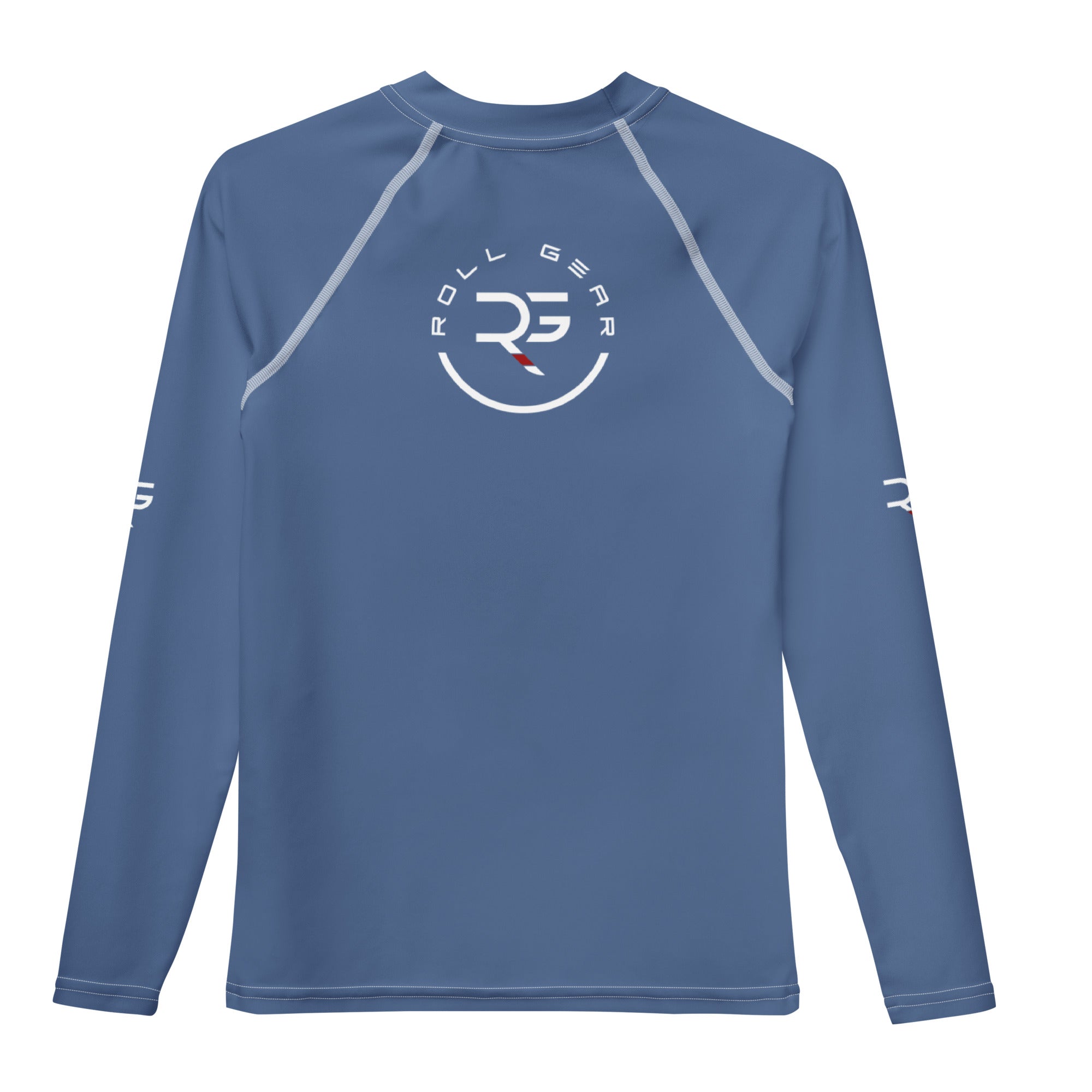 Blue long-sleeve shirt with a logo on the chest against a white background