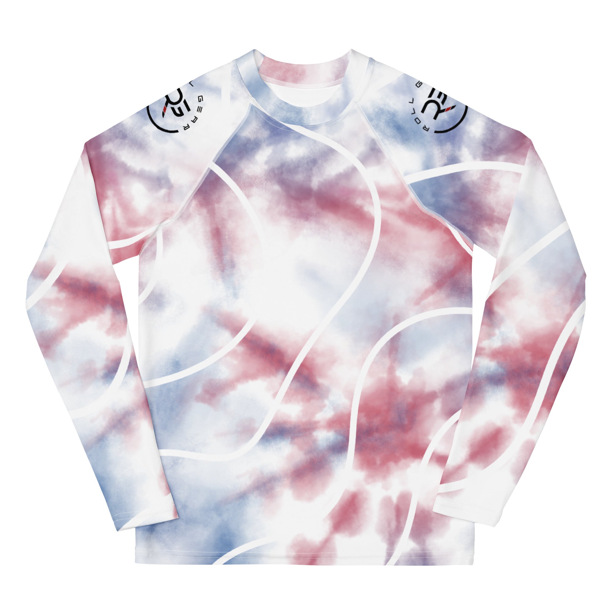 Roll Gear Youth Red White Blue Tie-Dye Rash Guard - Long Sleeve BJJ, front view, all-over print.