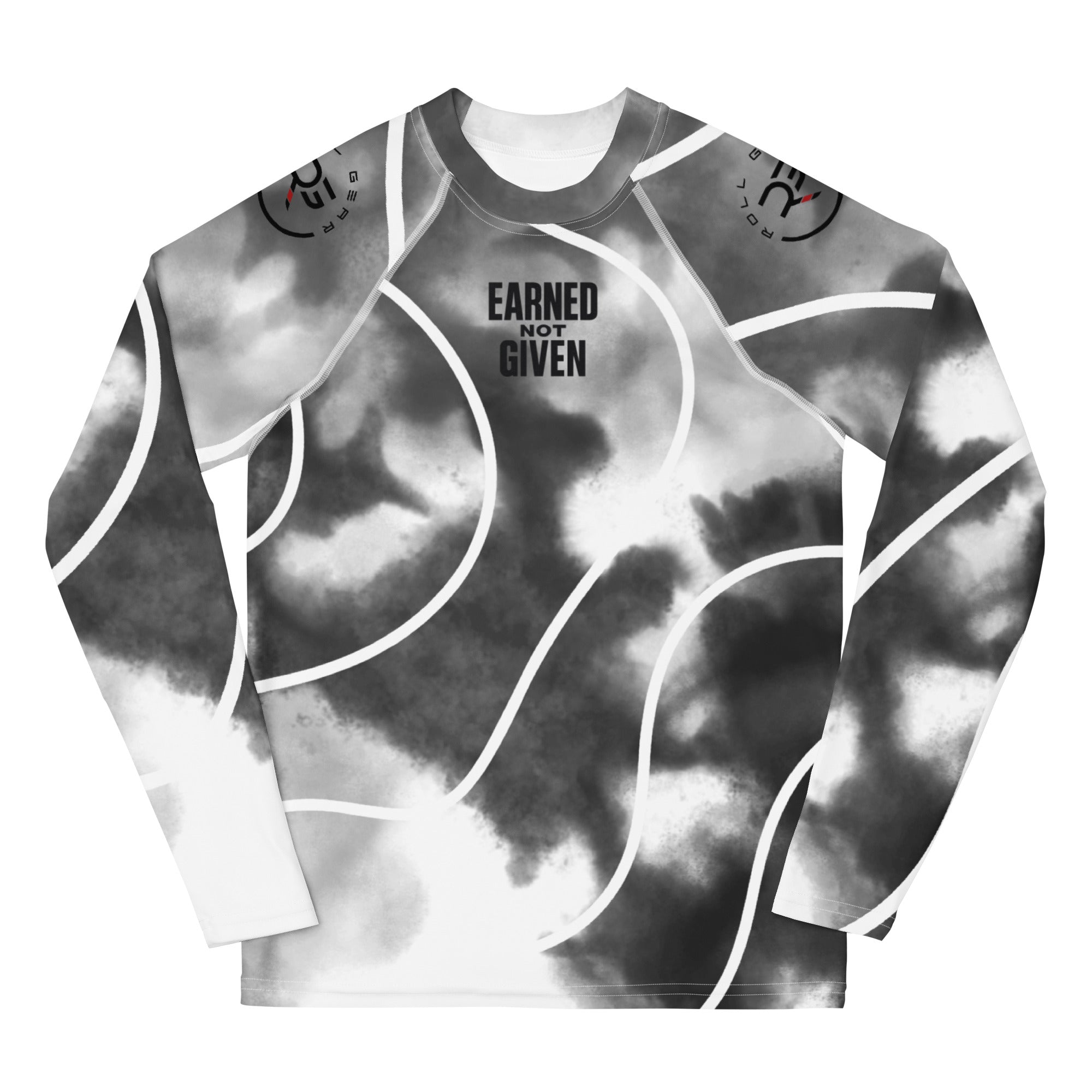 Roll Gear Youth Black & White Tie-Dye Rash Guard - Long Sleeve BJJ, front view, all-over print.