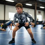 Roll Gear Youth Black & White Tie-Dye Rash Guard - Long Sleeve BJJ, front view.