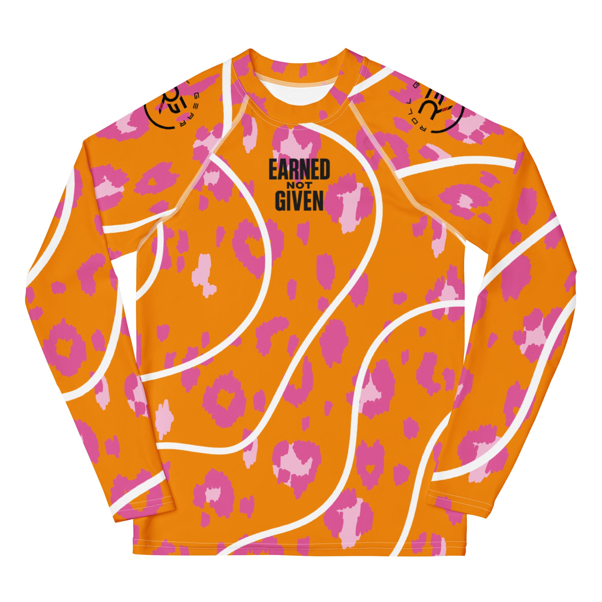 Roll Gear Youth Orange & Purple with White Lines Rash Guard – Long Sleeve, front view, all-over print.