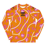 Roll Gear Youth Orange & Purple with White Lines Rash Guard - Long Sleeve, front view.