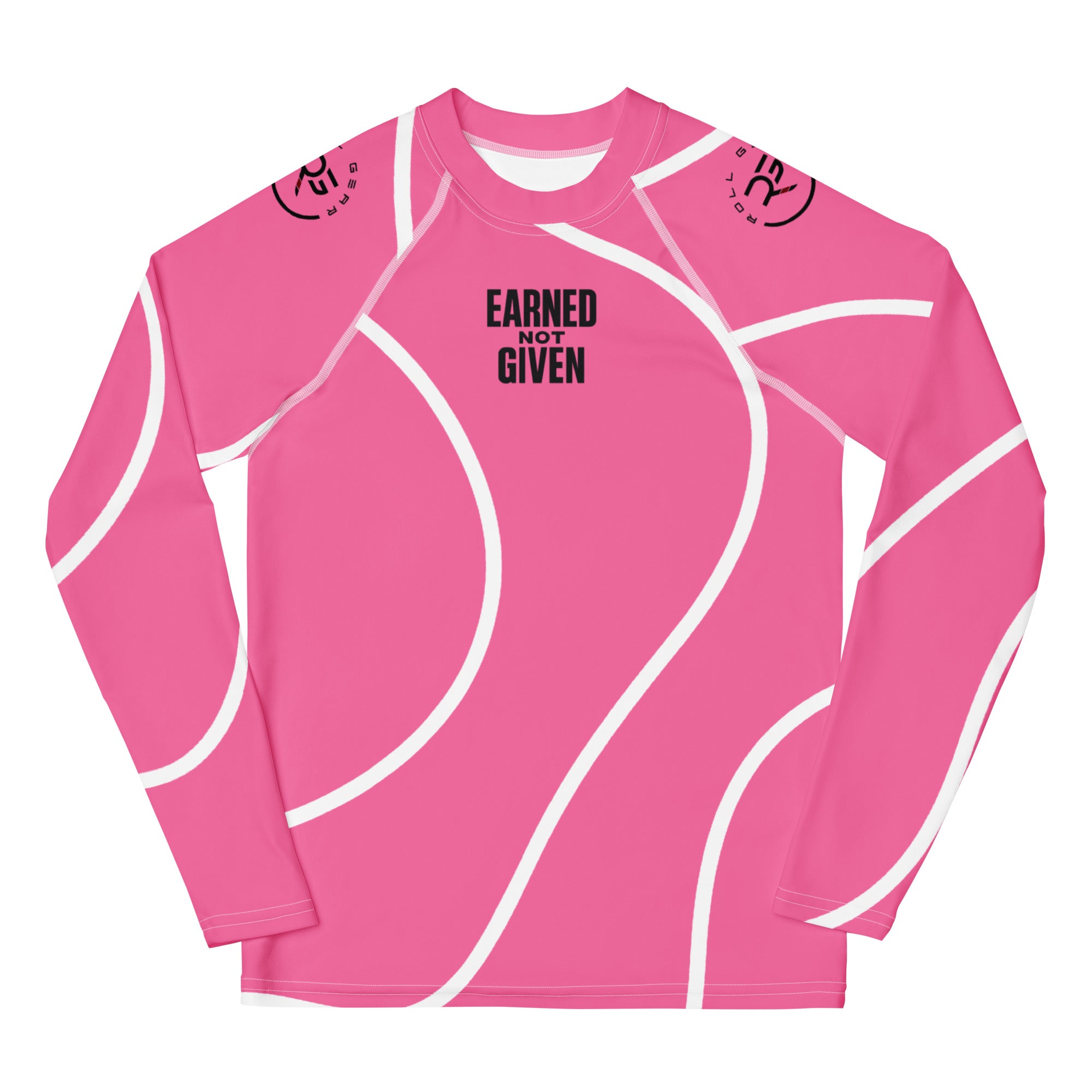 Roll Gear Kids Pink Long Sleeve Rash Guard – front view. Performance fabric for youth BJJ, grappling, and swim.