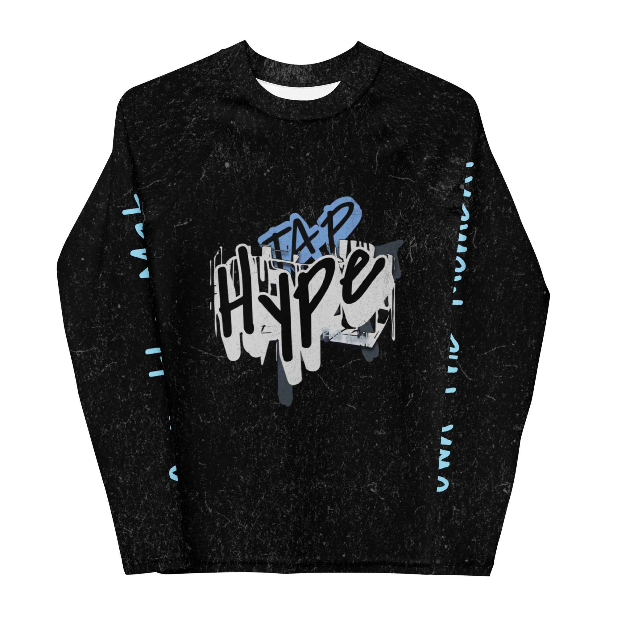 Roll Gear Tap Hype Long Sleeve Rash Guard – Youth, second flat front view, Own the Mat sleeve text.