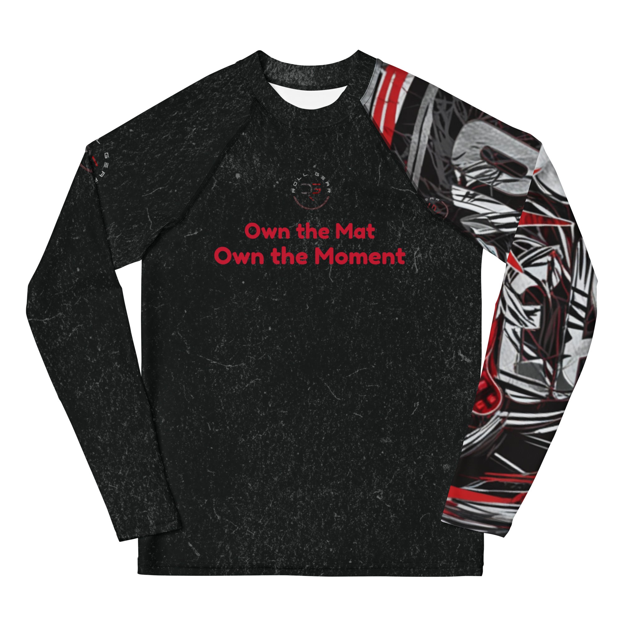 Roll Gear Evolve or Repeat Youth Boys Rash Guard – Black & Red, front view, all-over print.