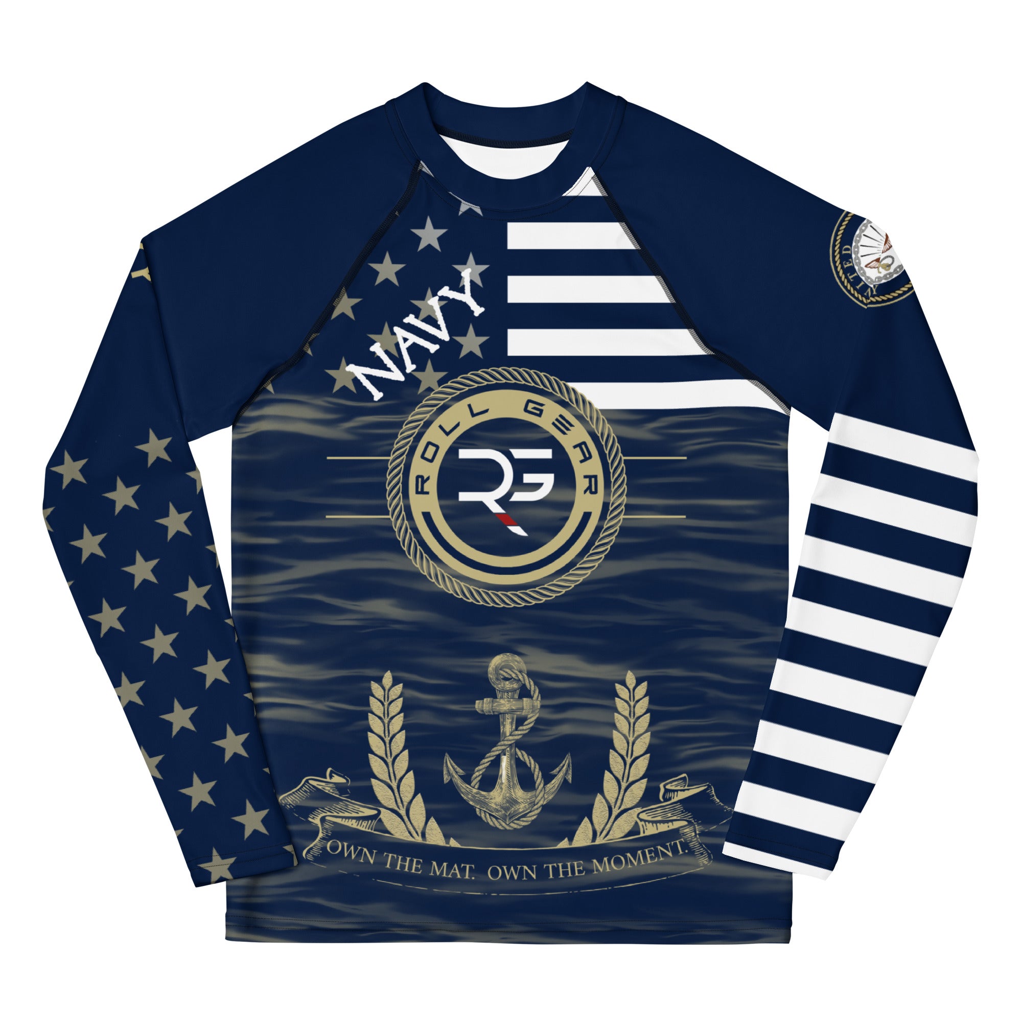 Long-sleeve shirt with navy and American flag design on a white background