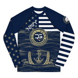 Long-sleeve shirt with navy and American flag design on a white background