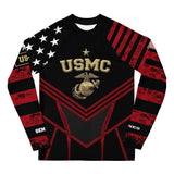Roll Gear Youth Marines "Dress Blues" Long Sleeve Rash Guard – front view with American flag and USMC-inspired graphics.